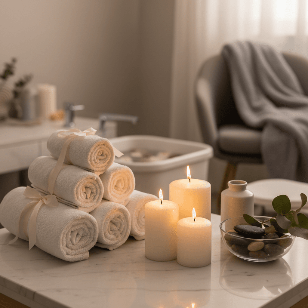 Spa-like setting with glowing candles and neatly rolled towels creating a tranquil atmosphere