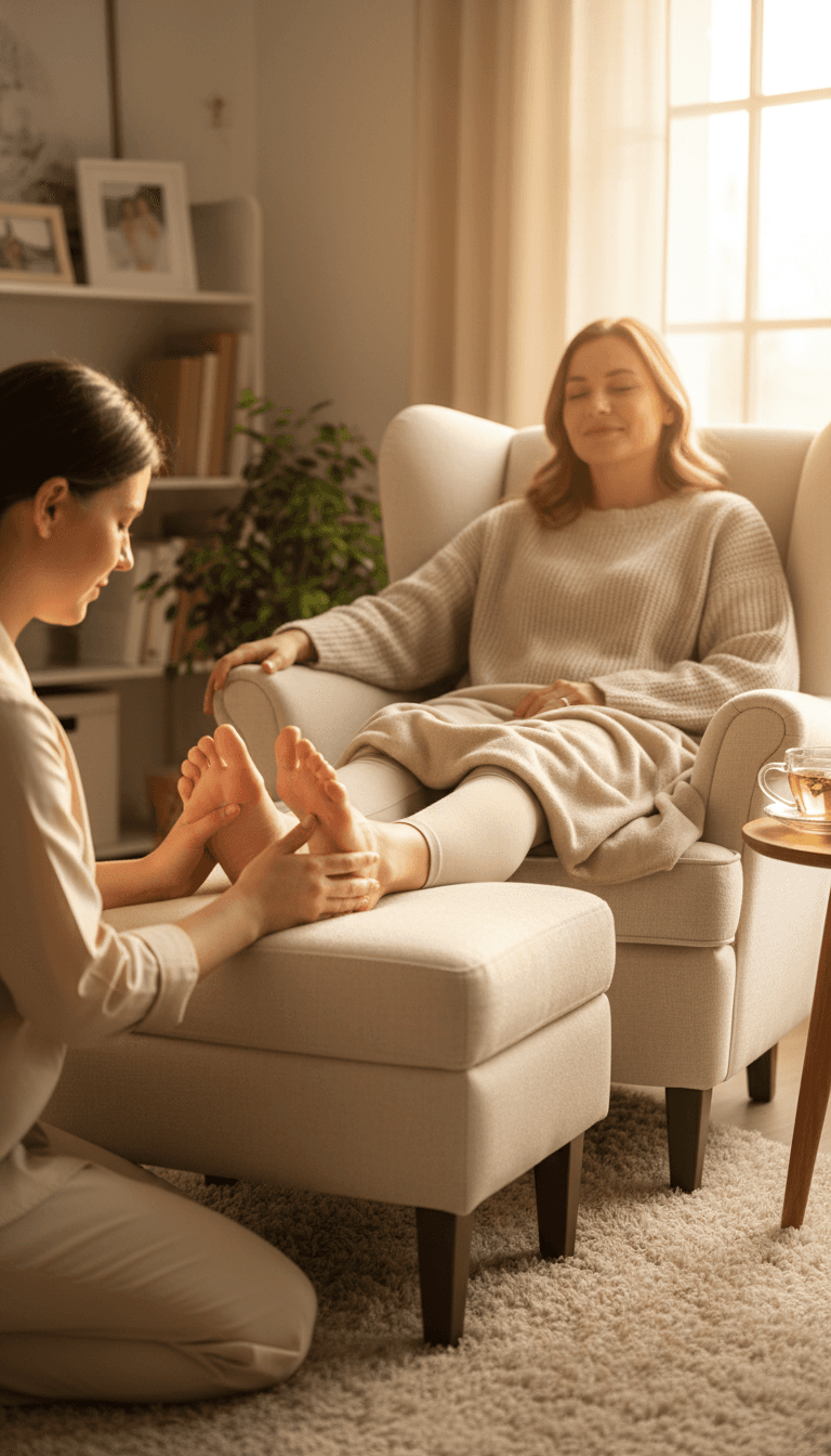 Femme recevant un soin des pieds confortablement installée dans un fauteuil à la maison
