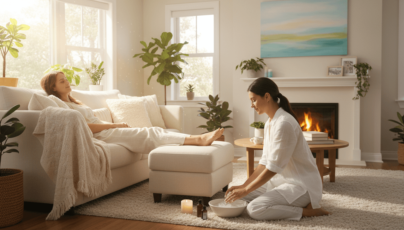 Femme recevant un soin des pieds confortable dans son salon