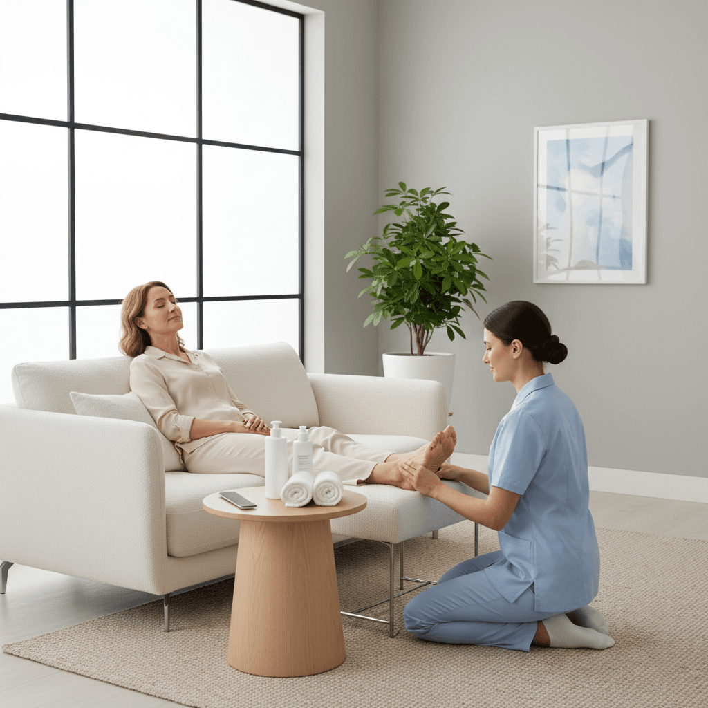 Woman receiving a relaxing foot care treatment from a professional at home