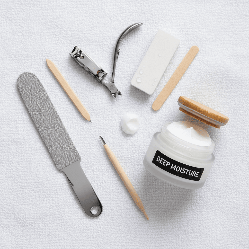 Lime à pieds et crème hydratante posés sur une serviette blanche propre