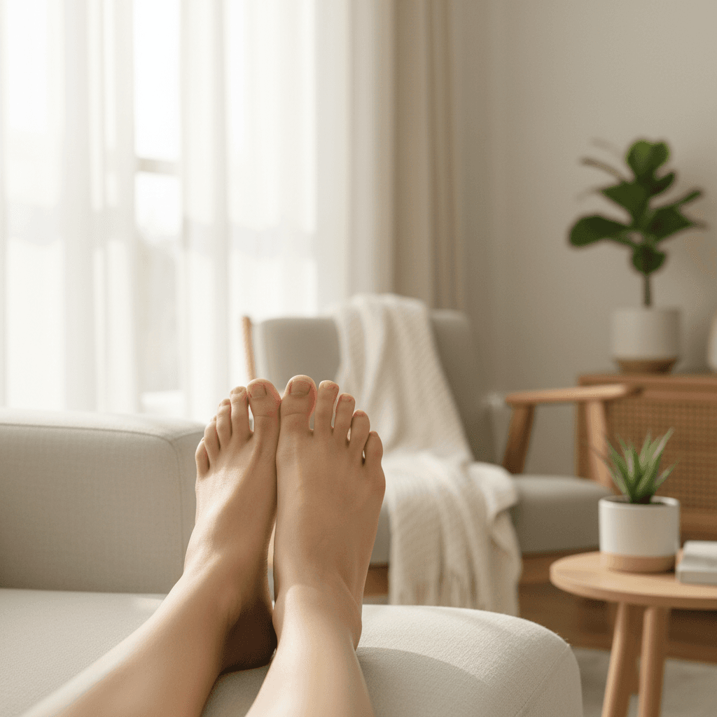 Natural feet resting on a sofa in a serene, well-lit living room.