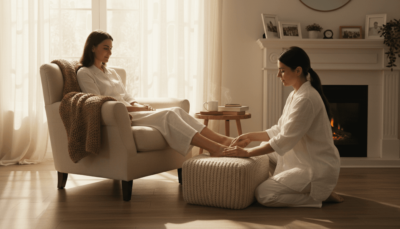 Femme recevant un soin des pieds confortable dans un salon chaleureux