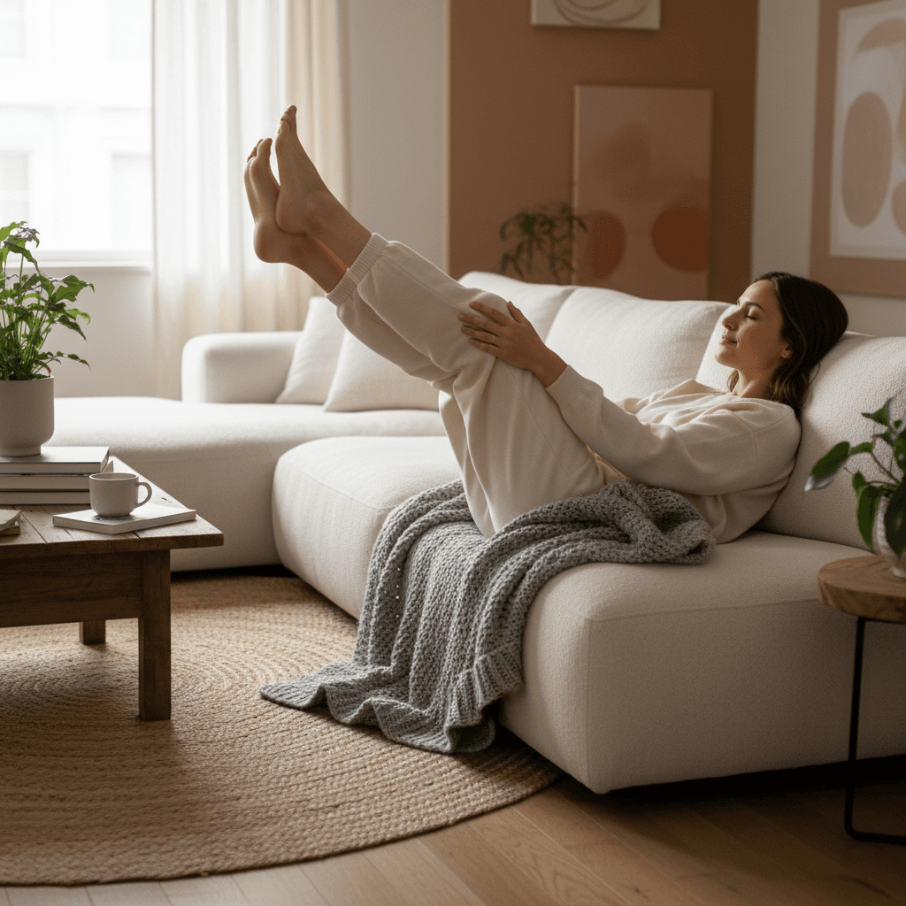 Femme détendue sur un canapé confortable, tenant ses pieds sous une couverture douce