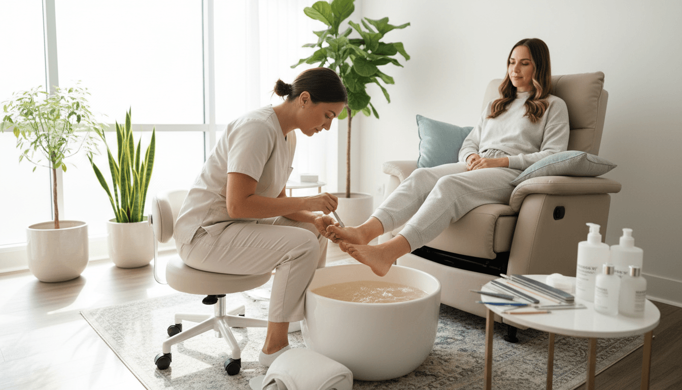 Femme recevant un soin des pieds à domicile