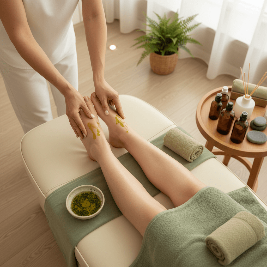 Massage des pieds avec lotion dans un salon confortable