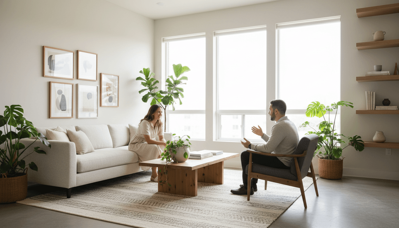 Two people in genuine conversation in a bright, comfortable living room with soft natural lighting and welcoming interior design